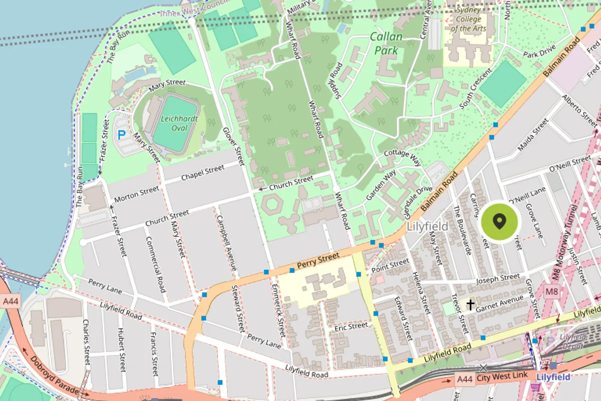 Street map of Lilyfield with Bambini of Lilyfield marked at 284 Balmain Road